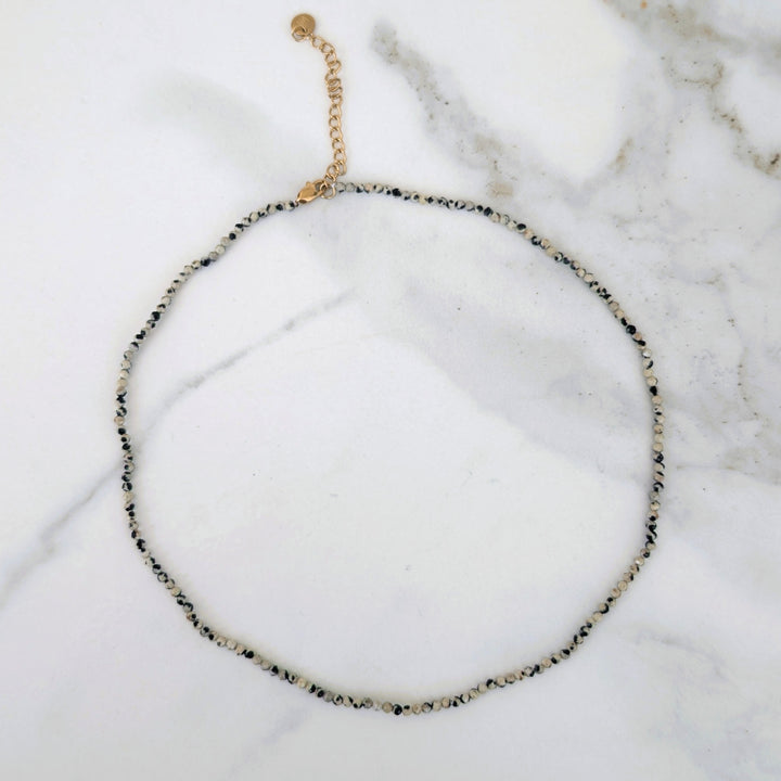Dalmatian Jasper Skinny Gemstone Beaded Necklace, 2mm Faceted