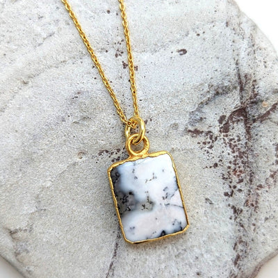 Gold plated dendritic agate rectangular pendant necklace