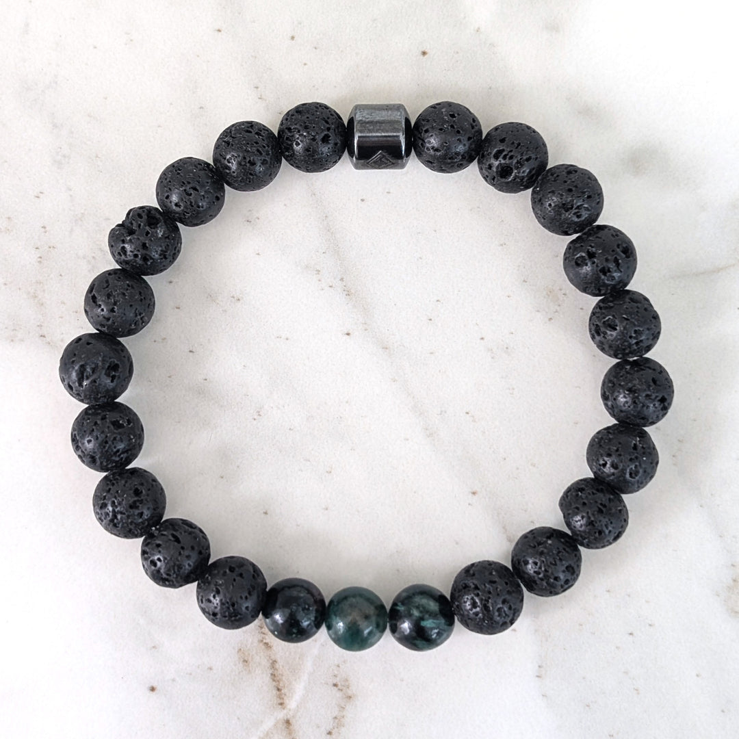 Men's Emerald & Lava Bead May Birthstone Bracelet  - 8mm Smooth
