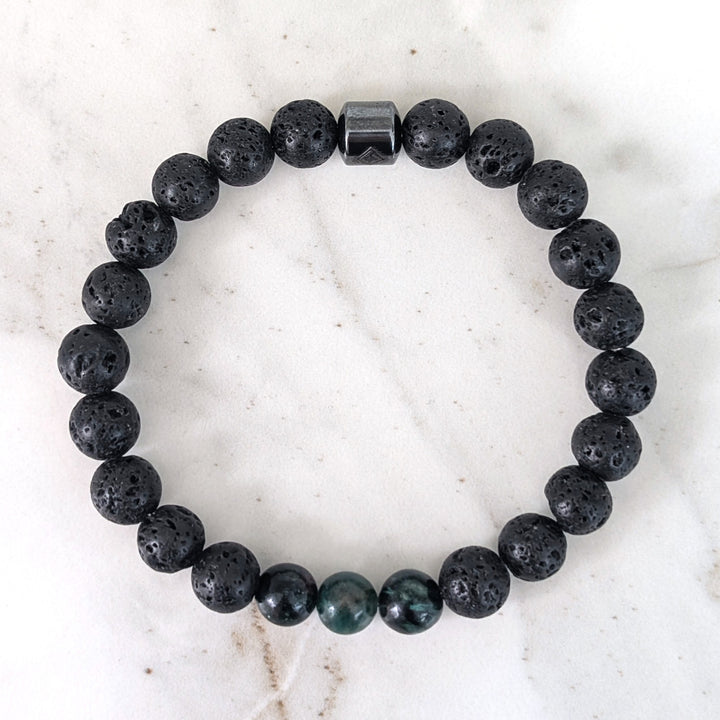 Men's Emerald & Lava Bead May Birthstone Bracelet  - 8mm Smooth
