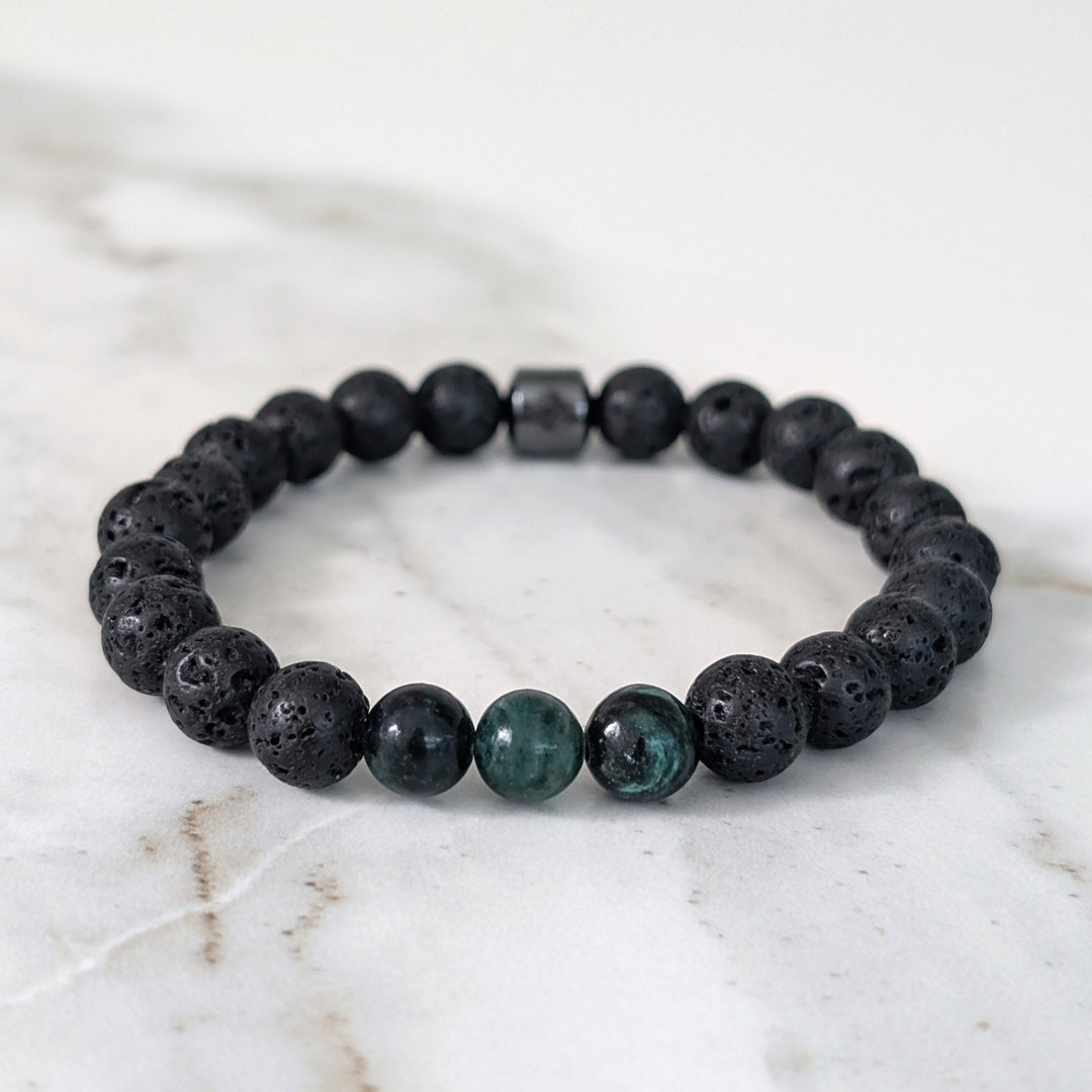 Men's Emerald & Lava Bead May Birthstone Bracelet  - 8mm Smooth