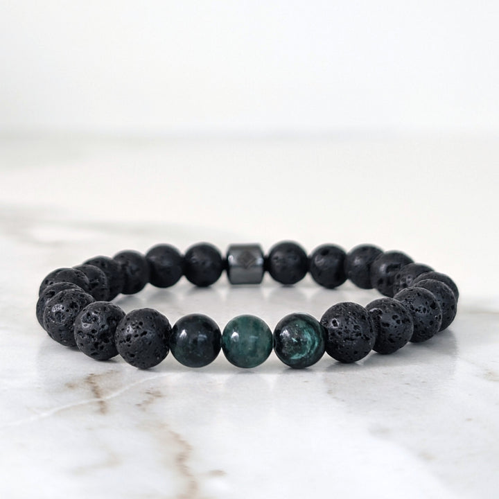 Men's Emerald & Lava Bead May Birthstone Bracelet  - 8mm Smooth