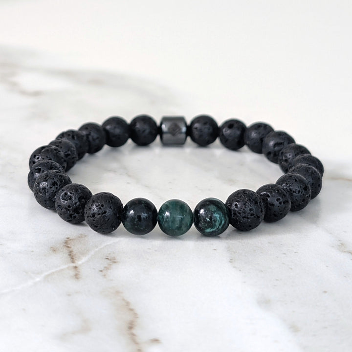 Men's Emerald & Lava Bead May Birthstone Bracelet  - 8mm Smooth