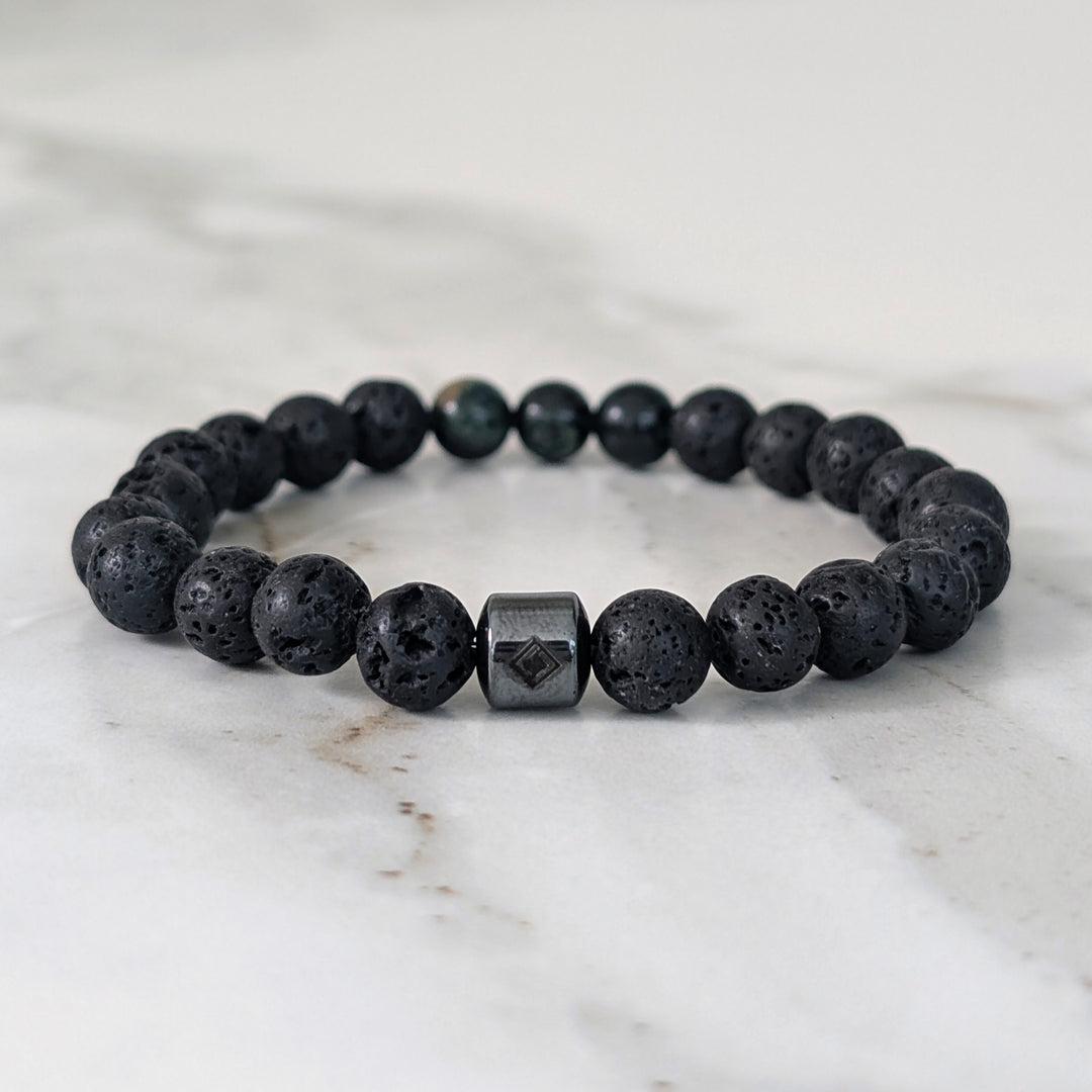 Men's Emerald & Lava Bead May Birthstone Bracelet  - 8mm Smooth