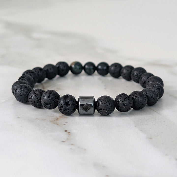 Men's Emerald & Lava Bead May Birthstone Bracelet  - 8mm Smooth