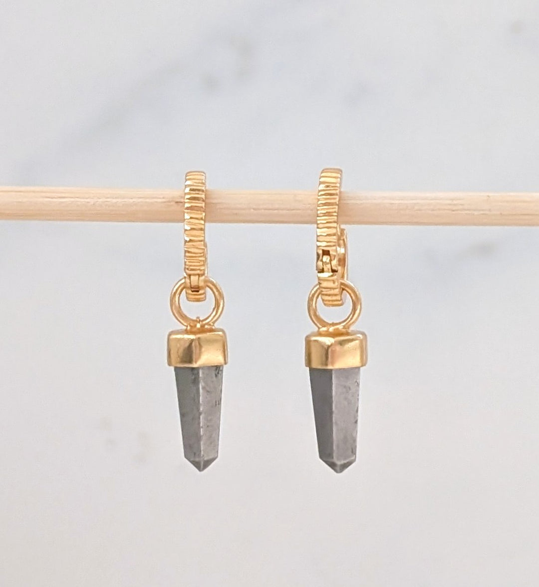 gold hoop earrings with pyrite spike earring charms