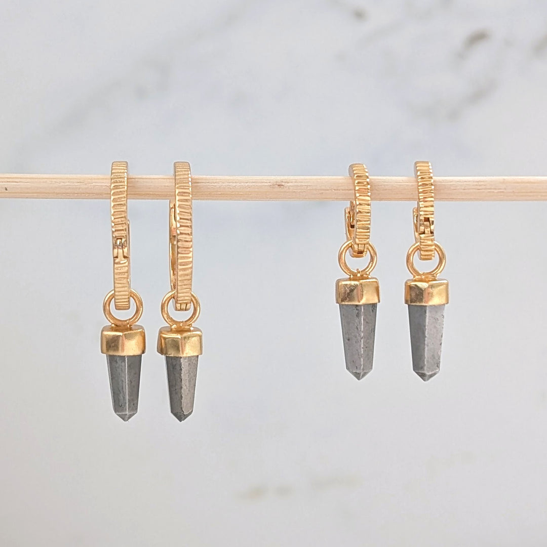 gold hoop earrings with pyrite spike earring charms