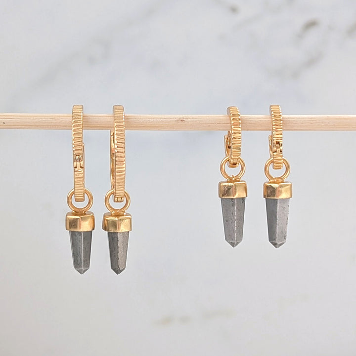 gold hoop earrings with pyrite spike earring charms