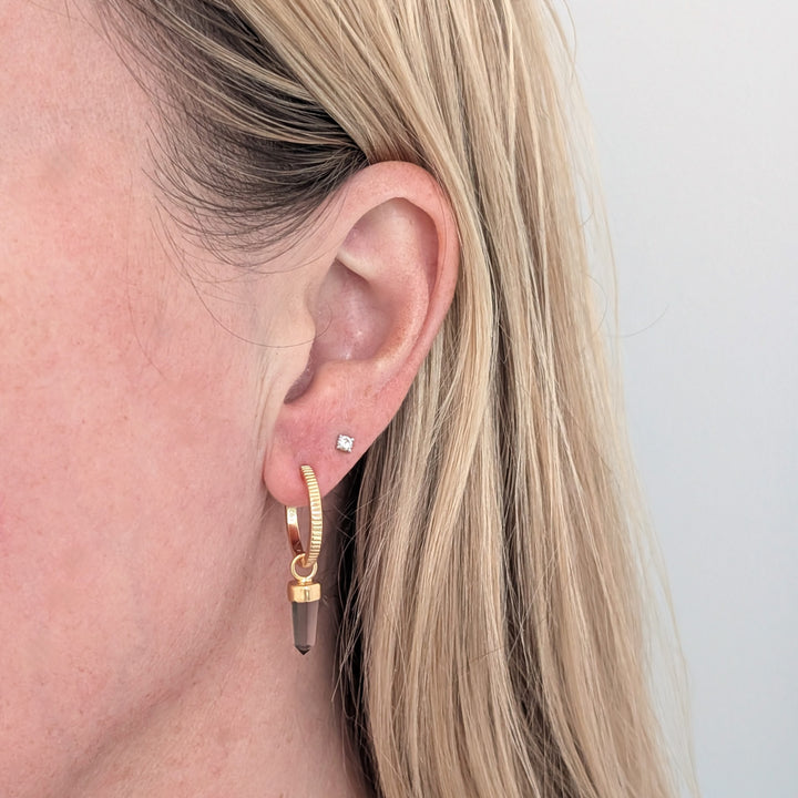 gold hoop earrings with smokey quartz spike earring charms