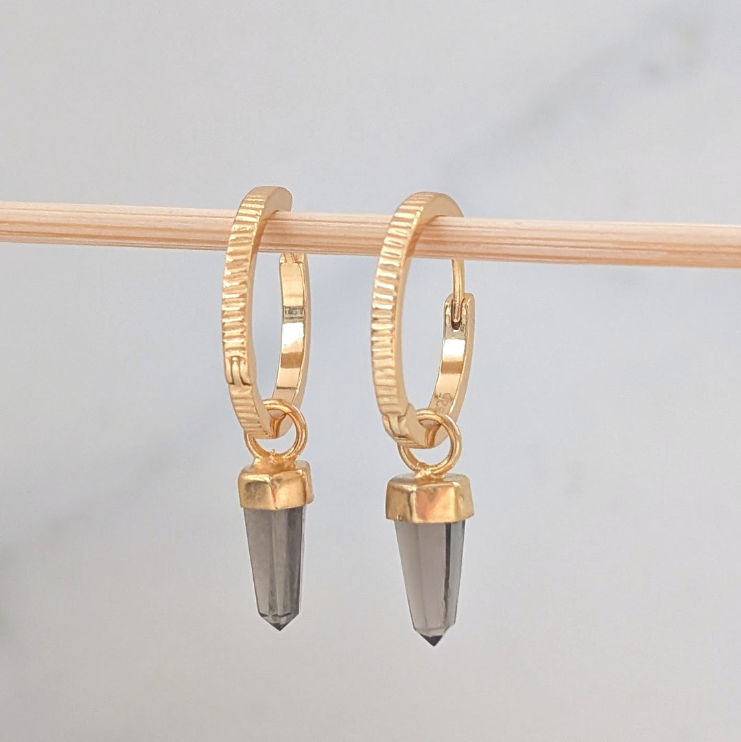 gold hoop earrings with smokey quartz spike earring charms