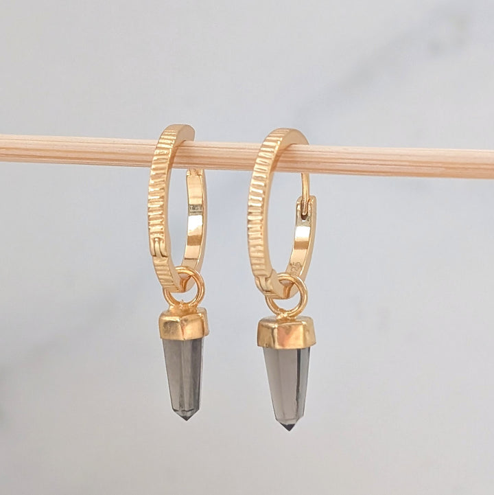 gold hoop earrings with smokey quartz spike earring charms
