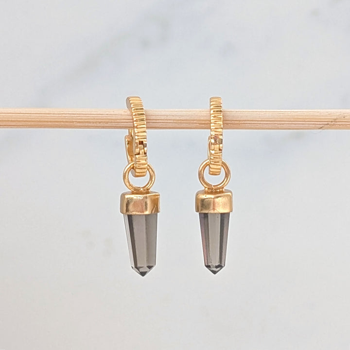 gold hoop earrings with smokey quartz spike earring charms