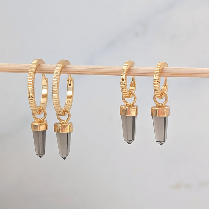gold hoop earrings with smokey quartz spike earring charms