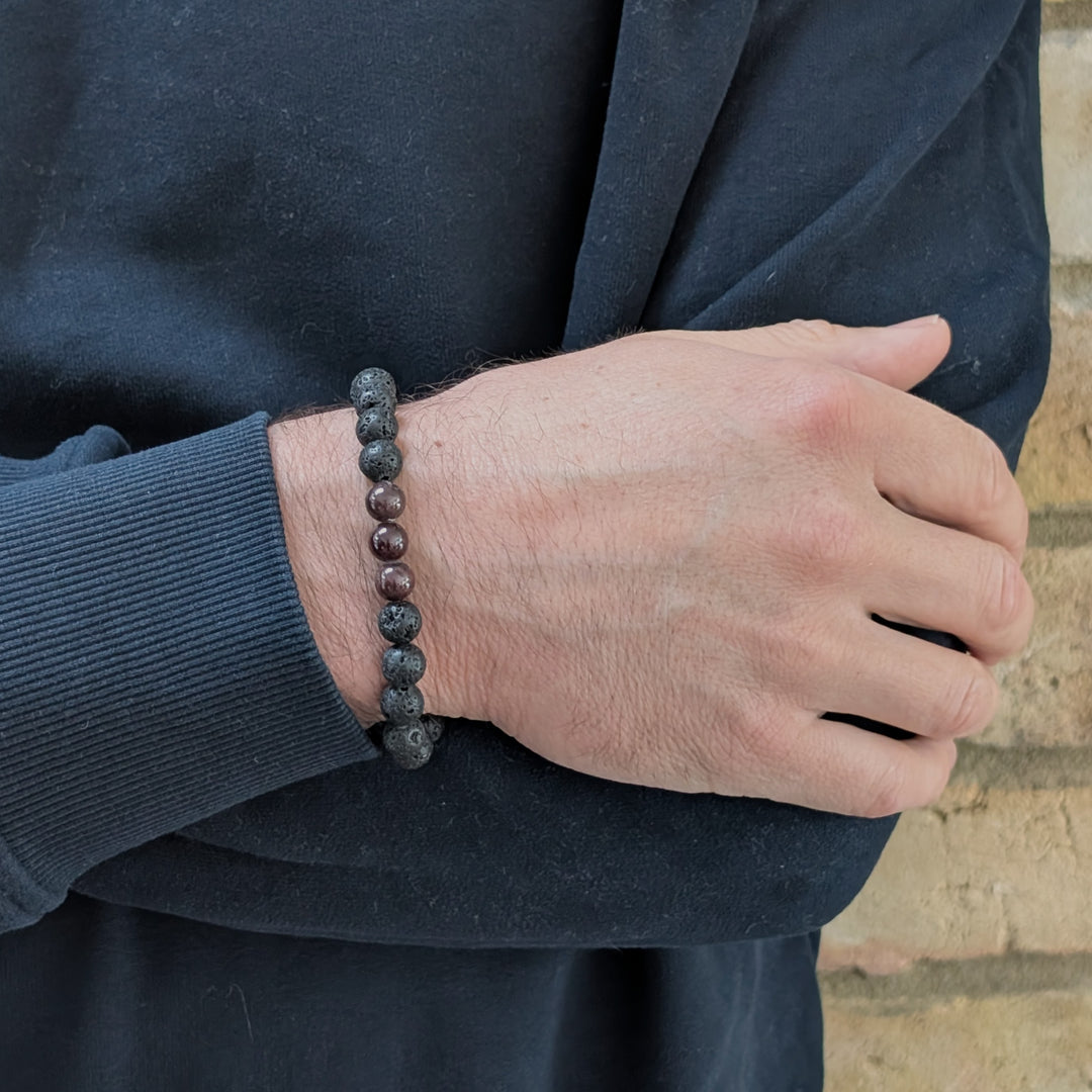 men's black lava bead and garnet January birthstone gemstone bracelet 