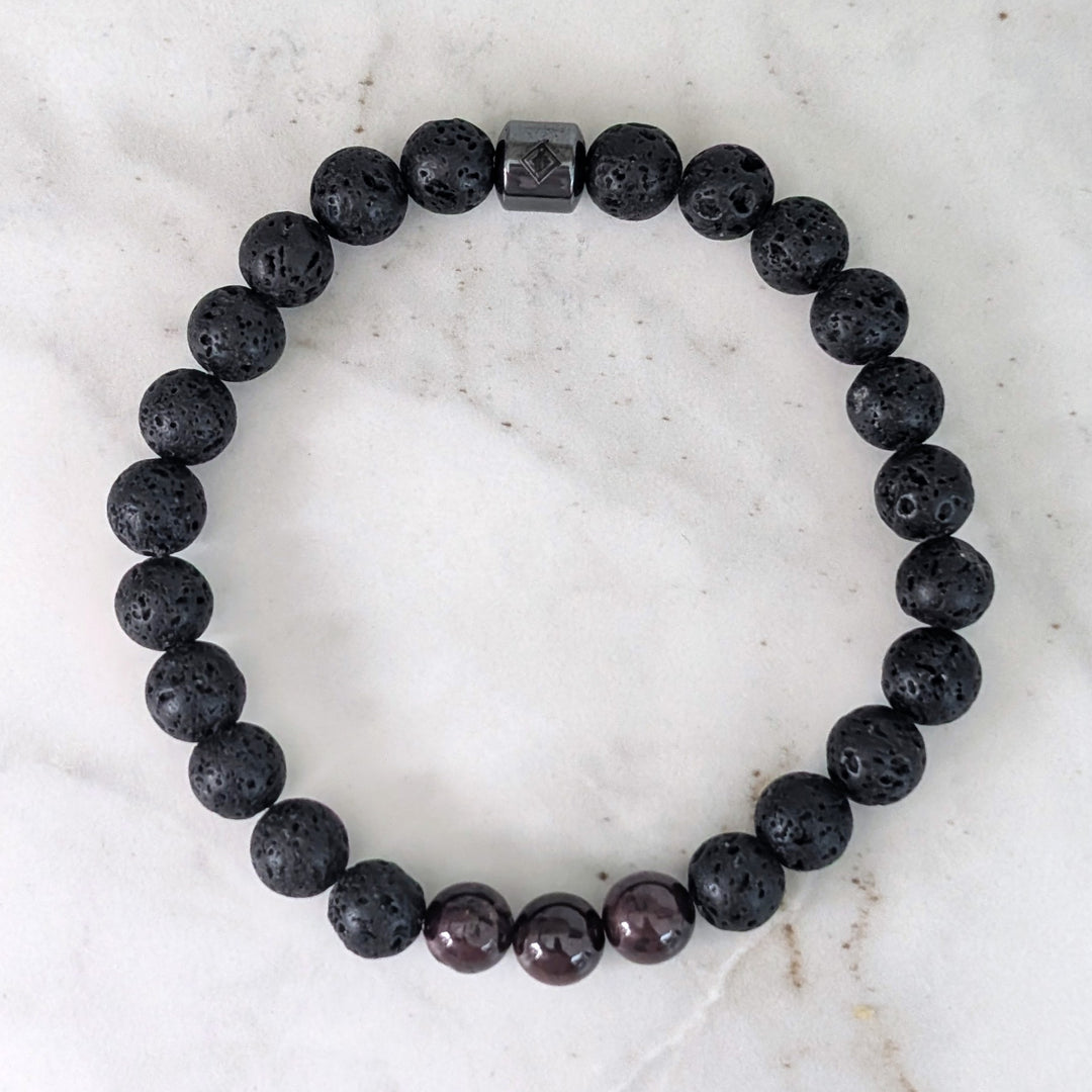 men's black lava bead and garnet January birthstone gemstone bracelet 