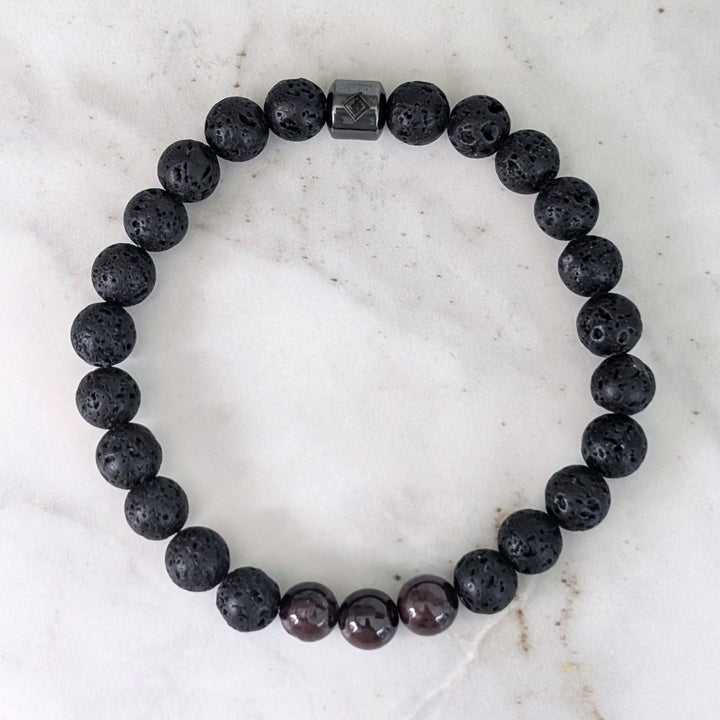 men's black lava bead and garnet January birthstone gemstone bracelet 