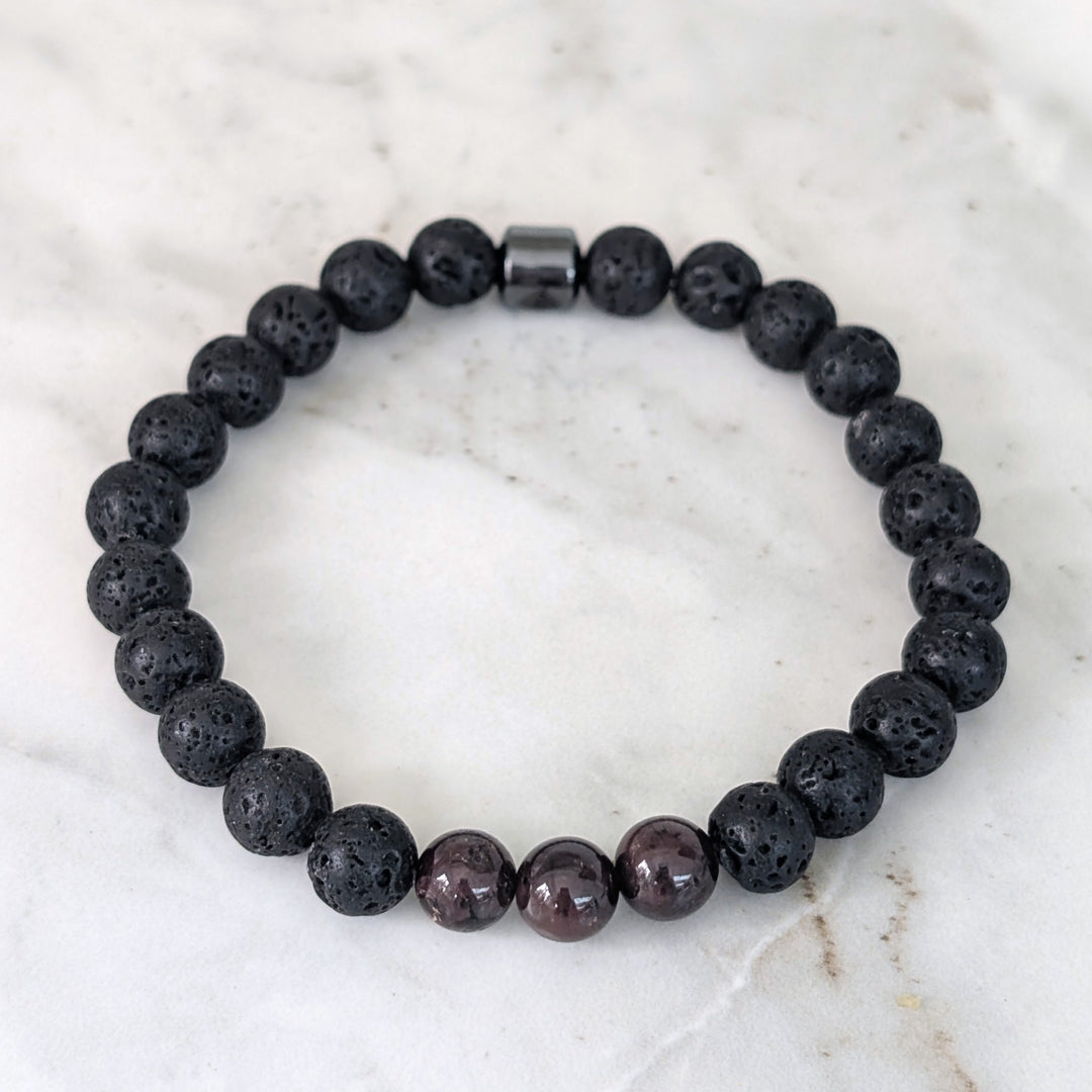 men's black lava bead and garnet January birthstone gemstone bracelet 