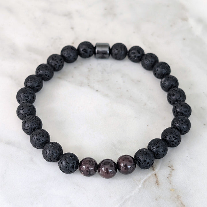 men's black lava bead and garnet January birthstone gemstone bracelet 