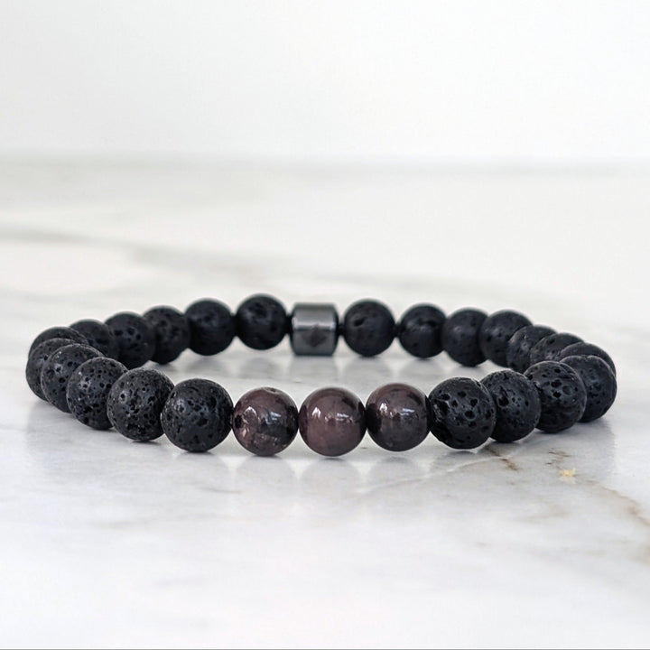 men's black lava bead and garnet January birthstone gemstone bracelet 
