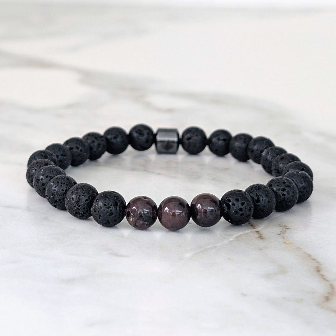 men's black lava bead and garnet January birthstone gemstone bracelet 