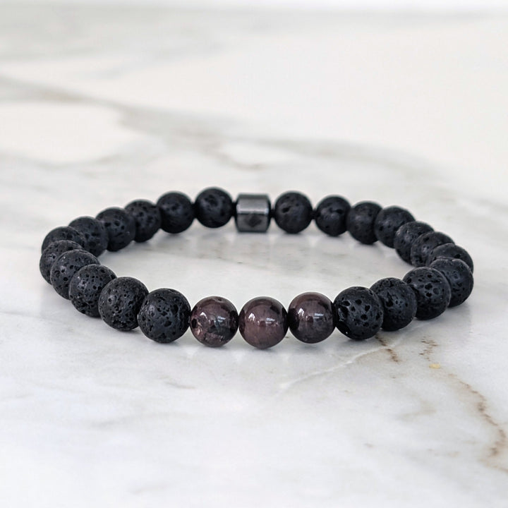 men's black lava bead and garnet January birthstone gemstone bracelet 
