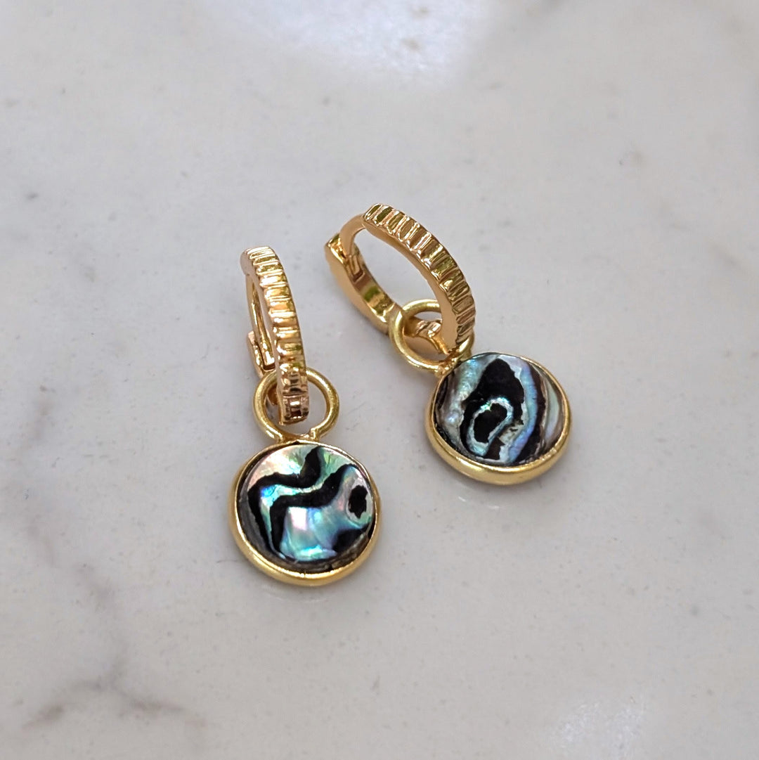 Gold hoop earrings with abalone shell  circular charms