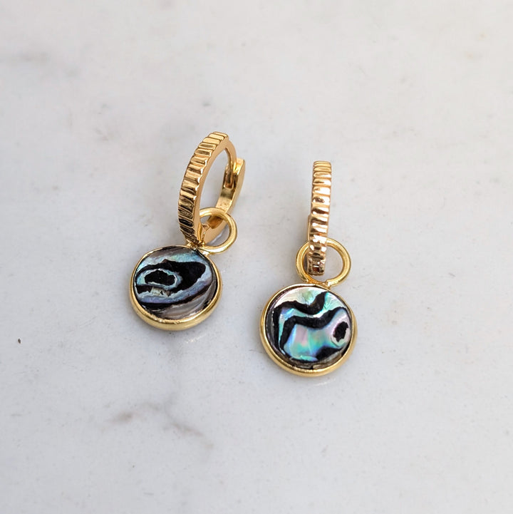 Gold hoop earrings with abalone shell  circular charms