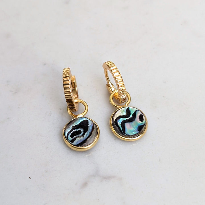 Gold hoop earrings with abalone shell  circular charms