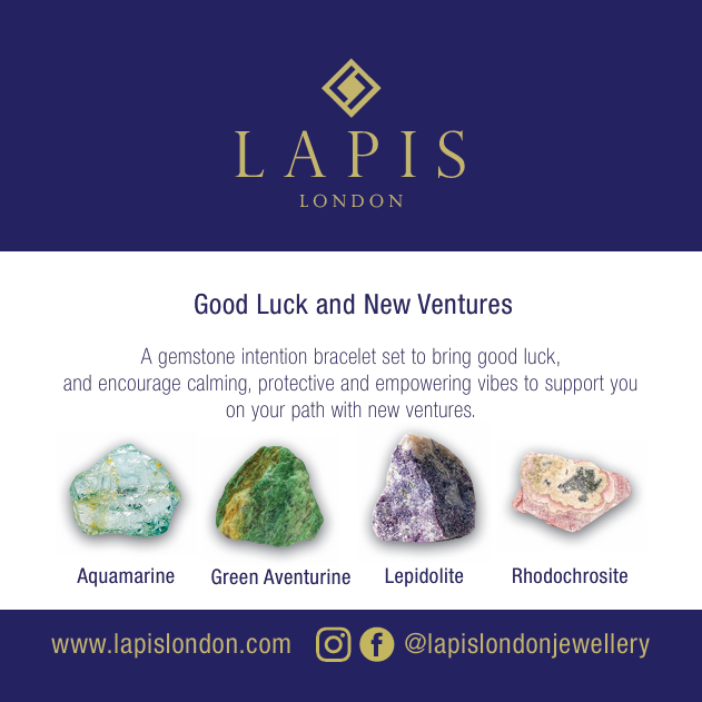 Good luck gemstone bracelet set comprising rhodochrosite, lepidolite, green aventurine and aquamarine bracelets