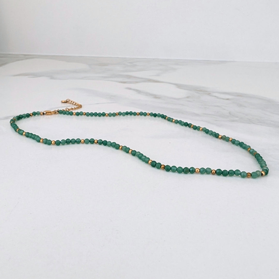 green aventurine 3mm faceted bead gemstone and gold bead necklace 
