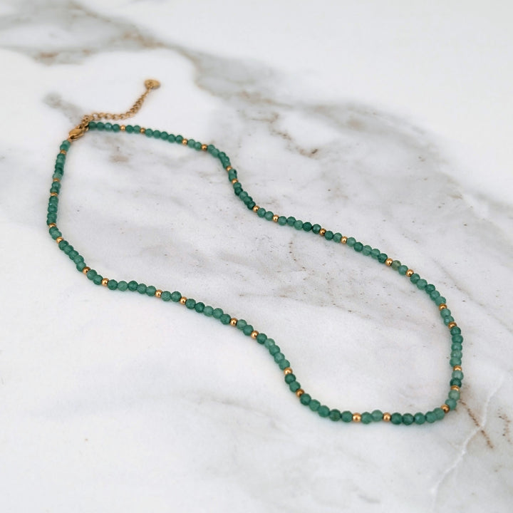 green aventurine 3mm faceted bead gemstone and gold bead necklace 