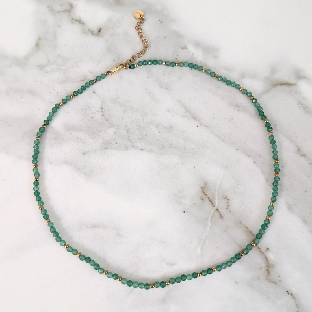 green aventurine 3mm faceted bead gemstone and gold bead necklace 
