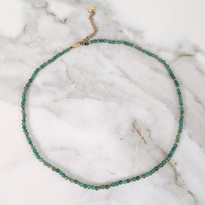 green aventurine 3mm faceted bead gemstone and gold bead necklace 
