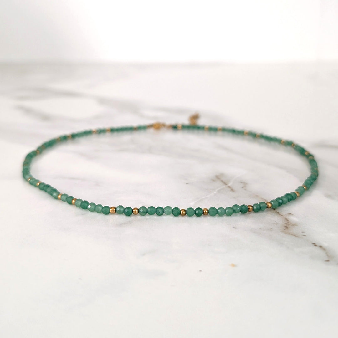 green aventurine 3mm faceted bead gemstone and gold bead necklace 