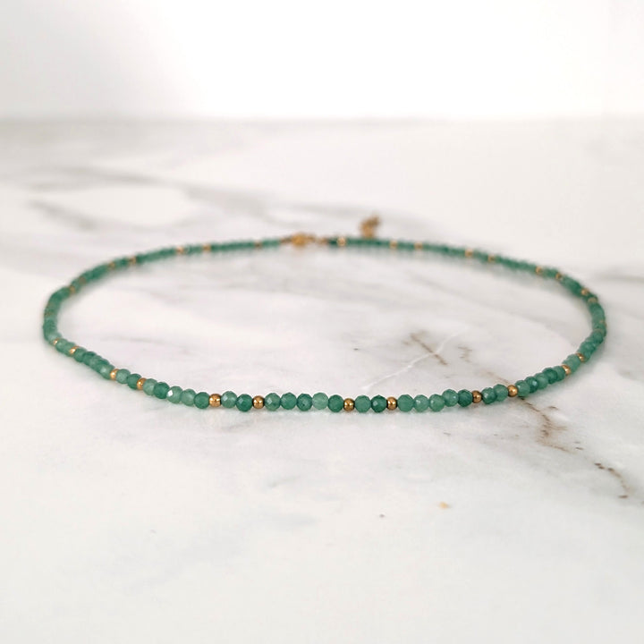 green aventurine 3mm faceted bead gemstone and gold bead necklace 