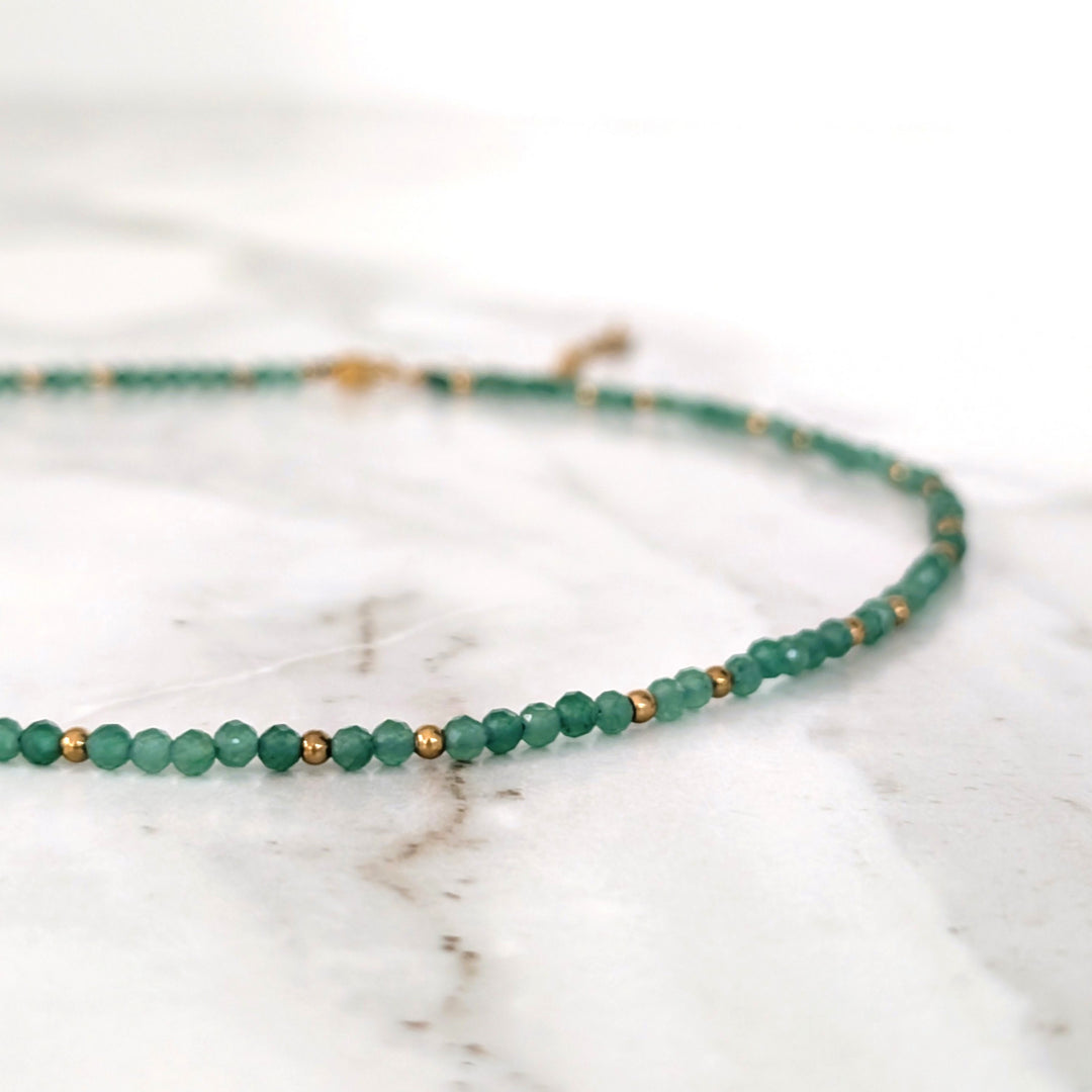 green aventurine 3mm faceted bead gemstone and gold bead necklace 