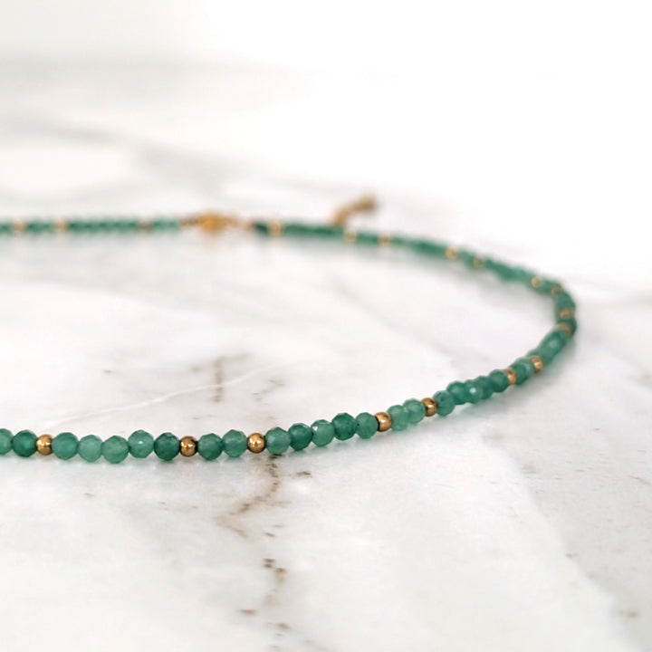 green aventurine 3mm faceted bead gemstone and gold bead necklace 