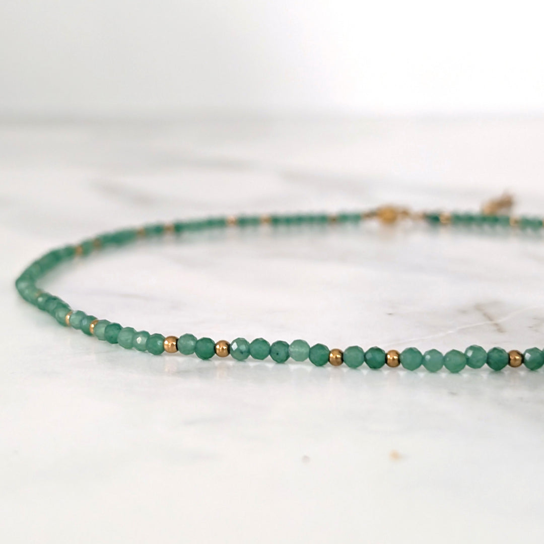 green aventurine 3mm faceted bead gemstone and gold bead necklace 