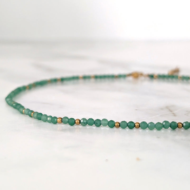 green aventurine 3mm faceted bead gemstone and gold bead necklace 