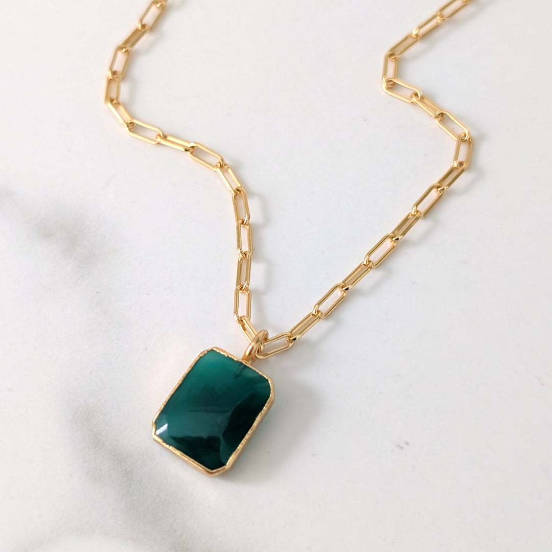 gold plated sterling silver green onyx rectangular pendant necklace with paperclip chain