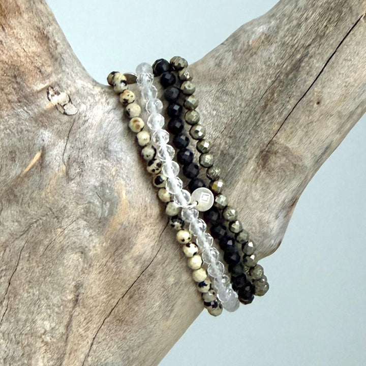 Health and Immune Boost Gemstone Intention Bracelet Set.  Clear Quartz, Pyrite, Dalmatian Jasper and Obsidian gemstone bracelets.