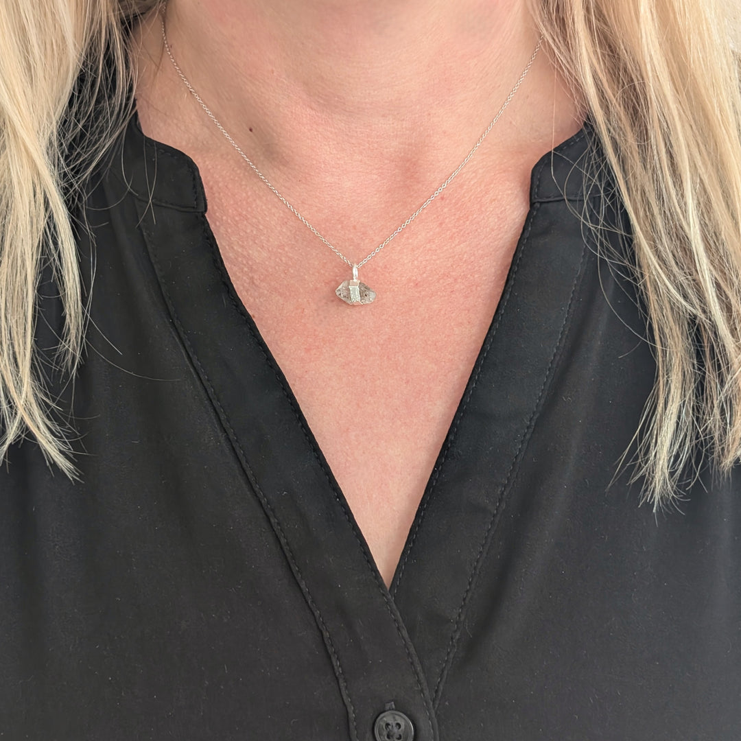 sterling silver double terminated herkimer diamond pendant necklace 