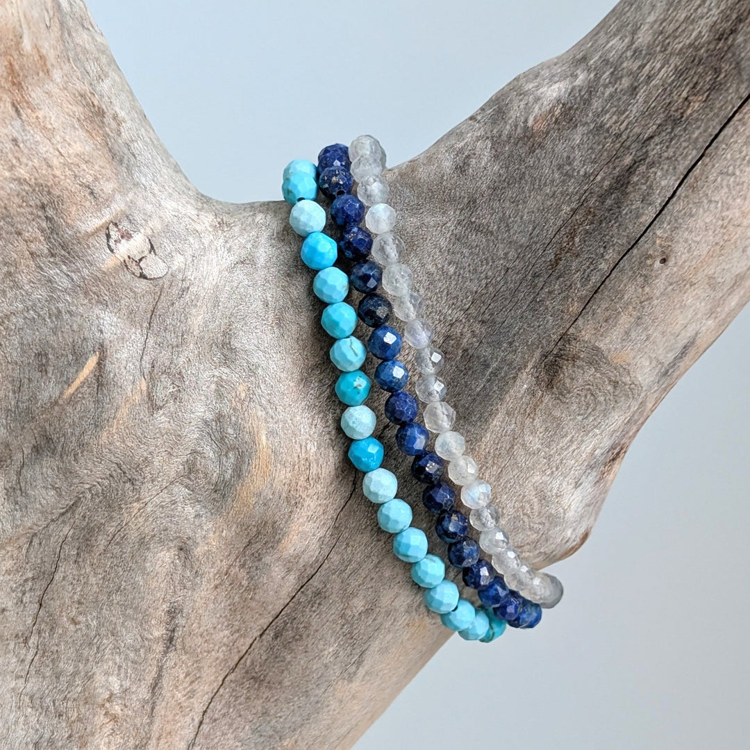Lapis London Wellbeing and Happiness Re-energise, Rebalance and Revitalise Gemstone Bracelet Set.  Lapis Lazuli, labradorite and turquoise gemstone bracelets.