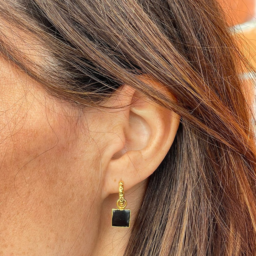 gold black tourmaline square charm hoop earrings