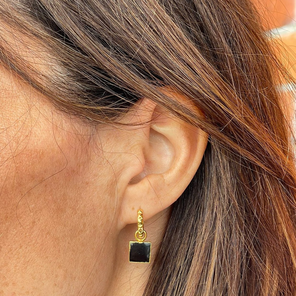The Square Black Onyx Gemstone Hoop Earrings - 18ct Gold Plated