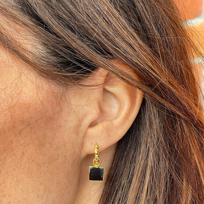 The Square Black Onyx Gemstone Hoop Earrings - Gold Plated