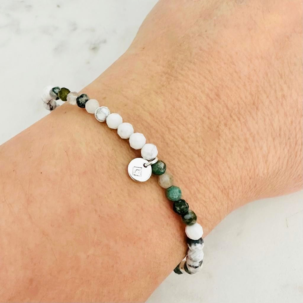 tree agate, white howlite and moss agate gemstone bracelet