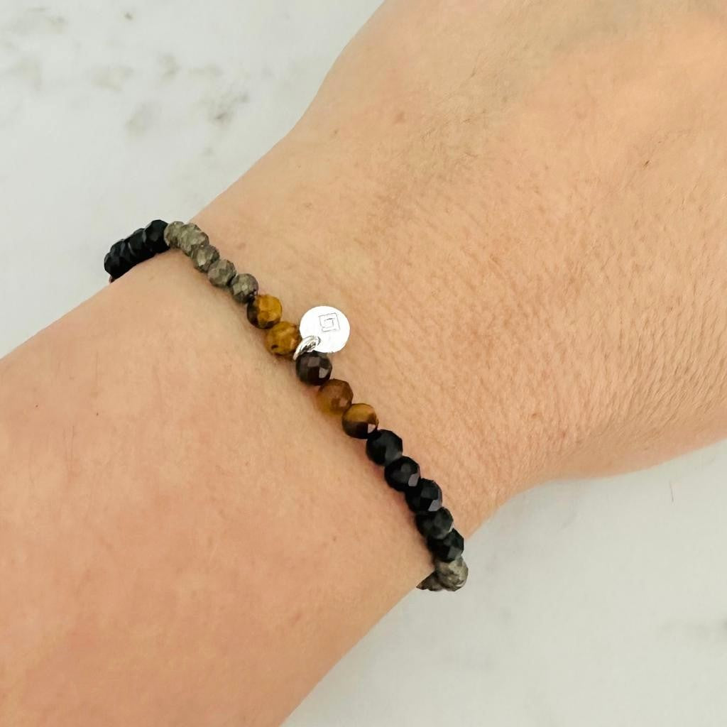 3mm faceted pyrite, tigers eye and obsidian gemstone bracelet