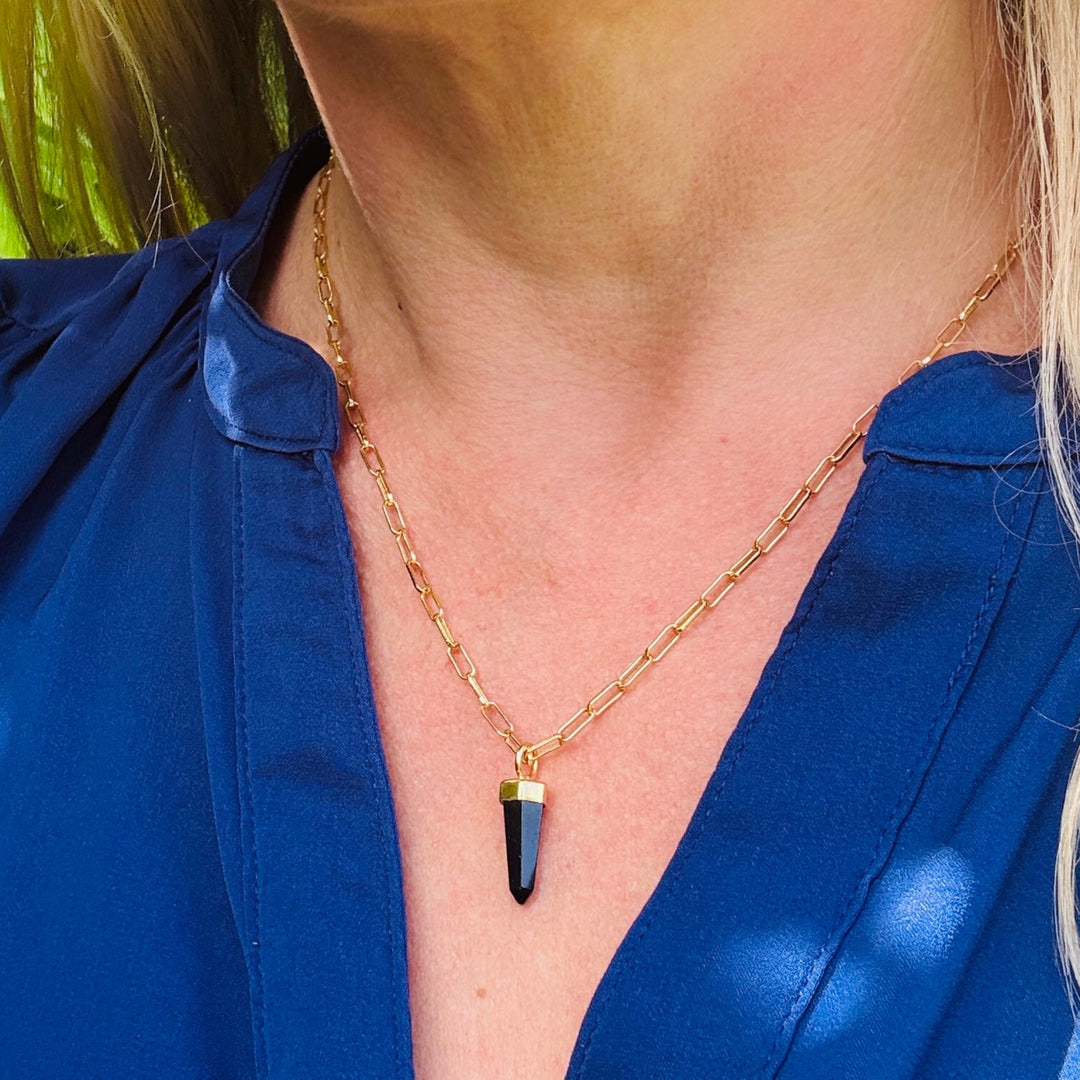 gold paperclip chain necklace with black tourmaline gemstone point pendant