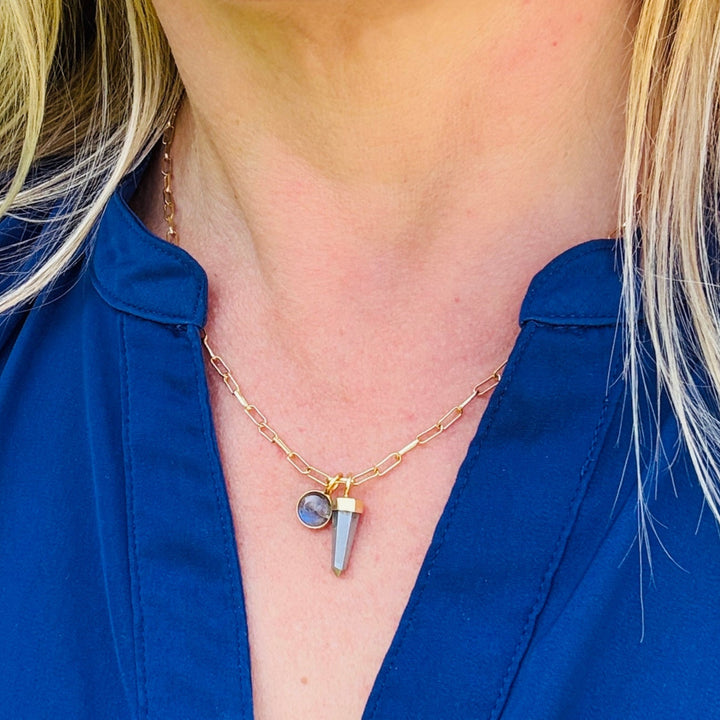 gold pyrite spike gemstone pendant and labradorite gemstone charm on paperclip necklace chain